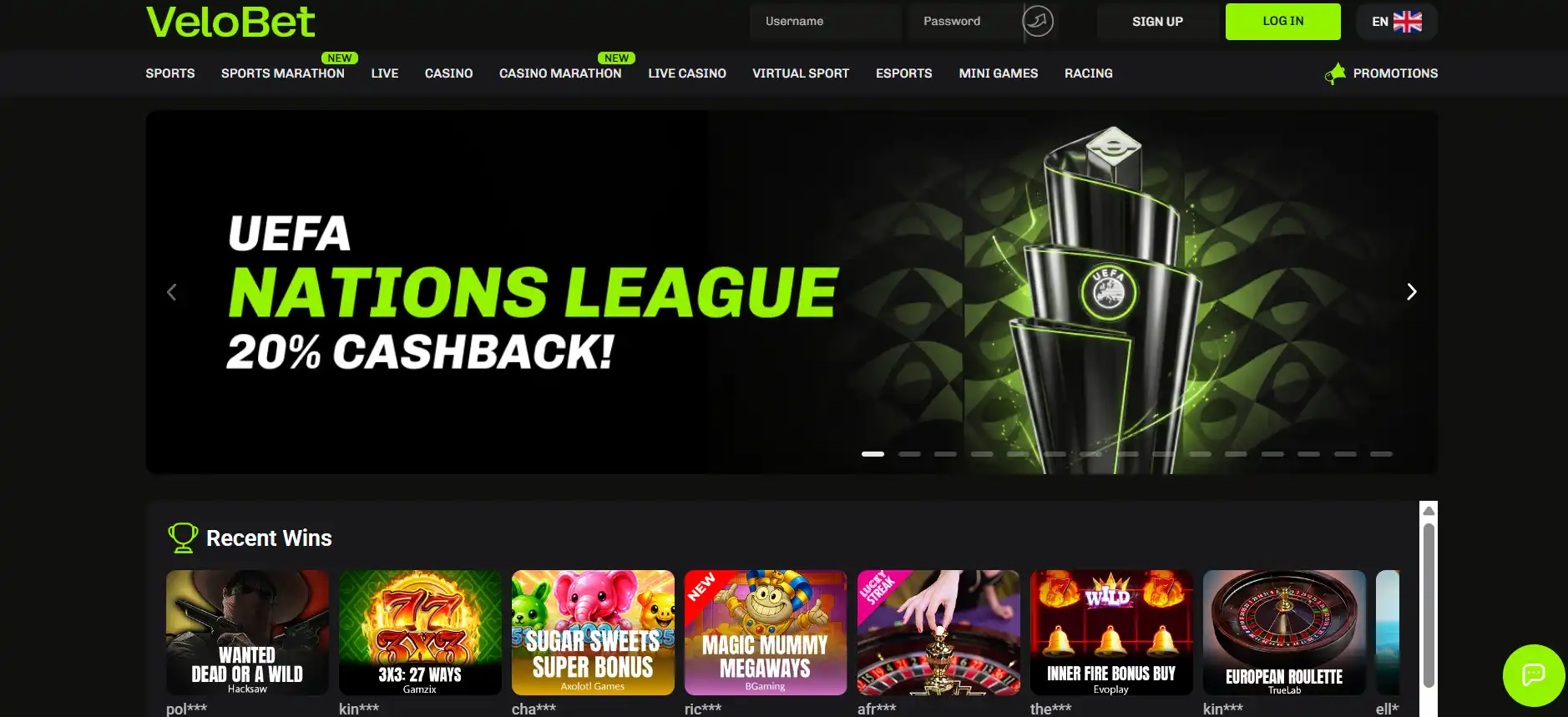 Current Velobet casino lobby interface
