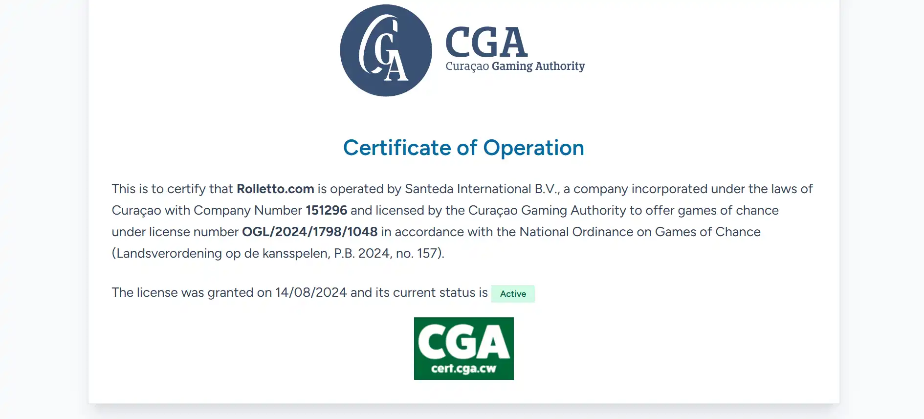 Regulatory source capture showing the licence information used to identify Santeda International B.V.